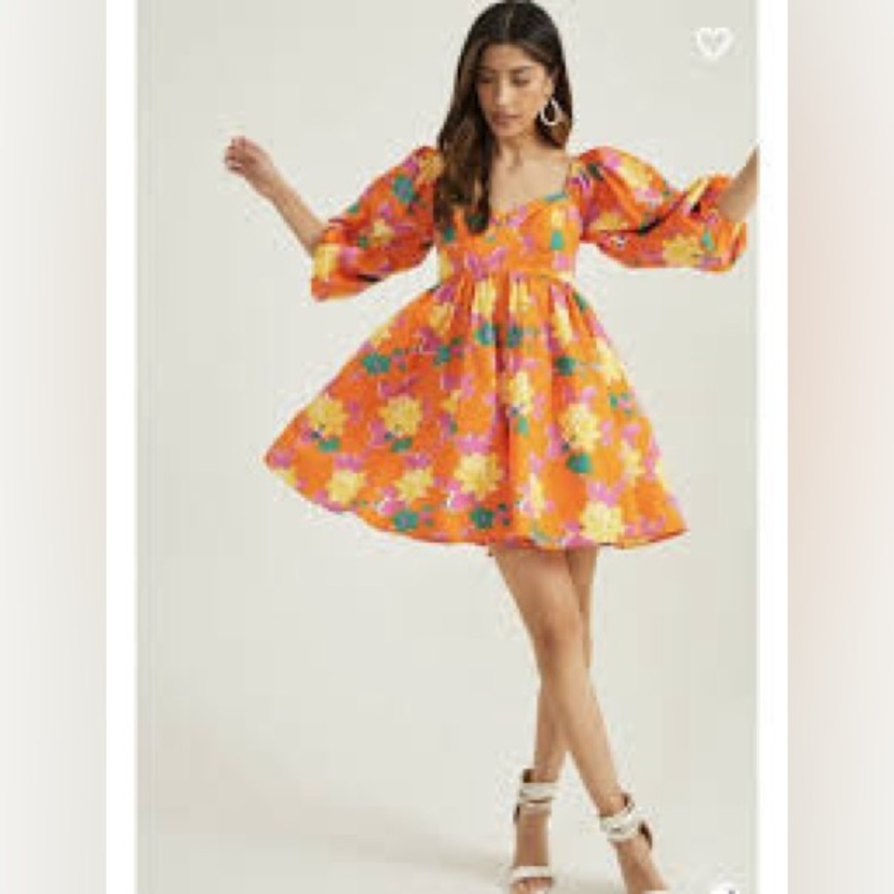 Altar’d State Orange Floral Puff Sleeve Babydoll Mini Dress Size M NWT